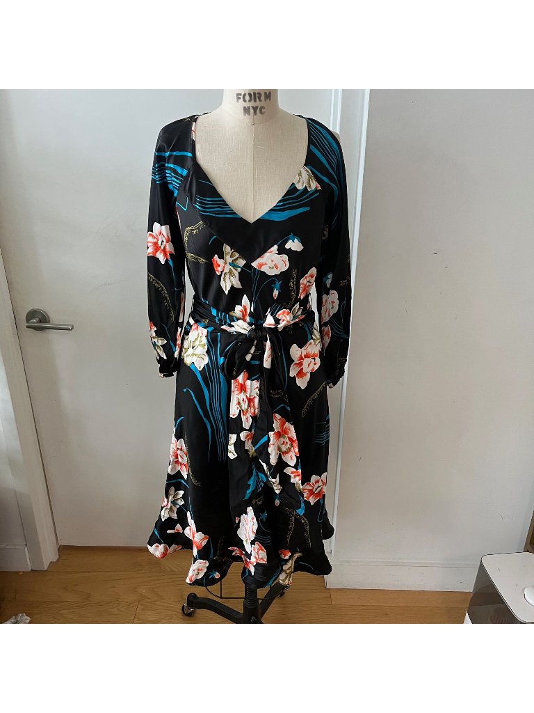 Vtg 90'stracy Feith Black Silk Floral Y2k Flowy Knee Length Romantic Dress Size